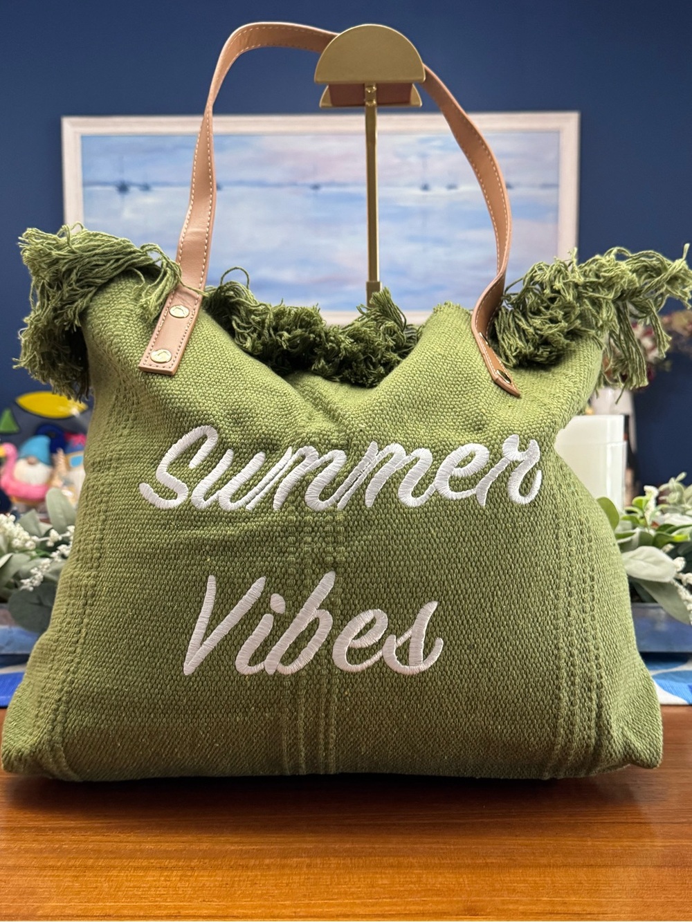 Summer Vibes Green Tote Bag with Fringe